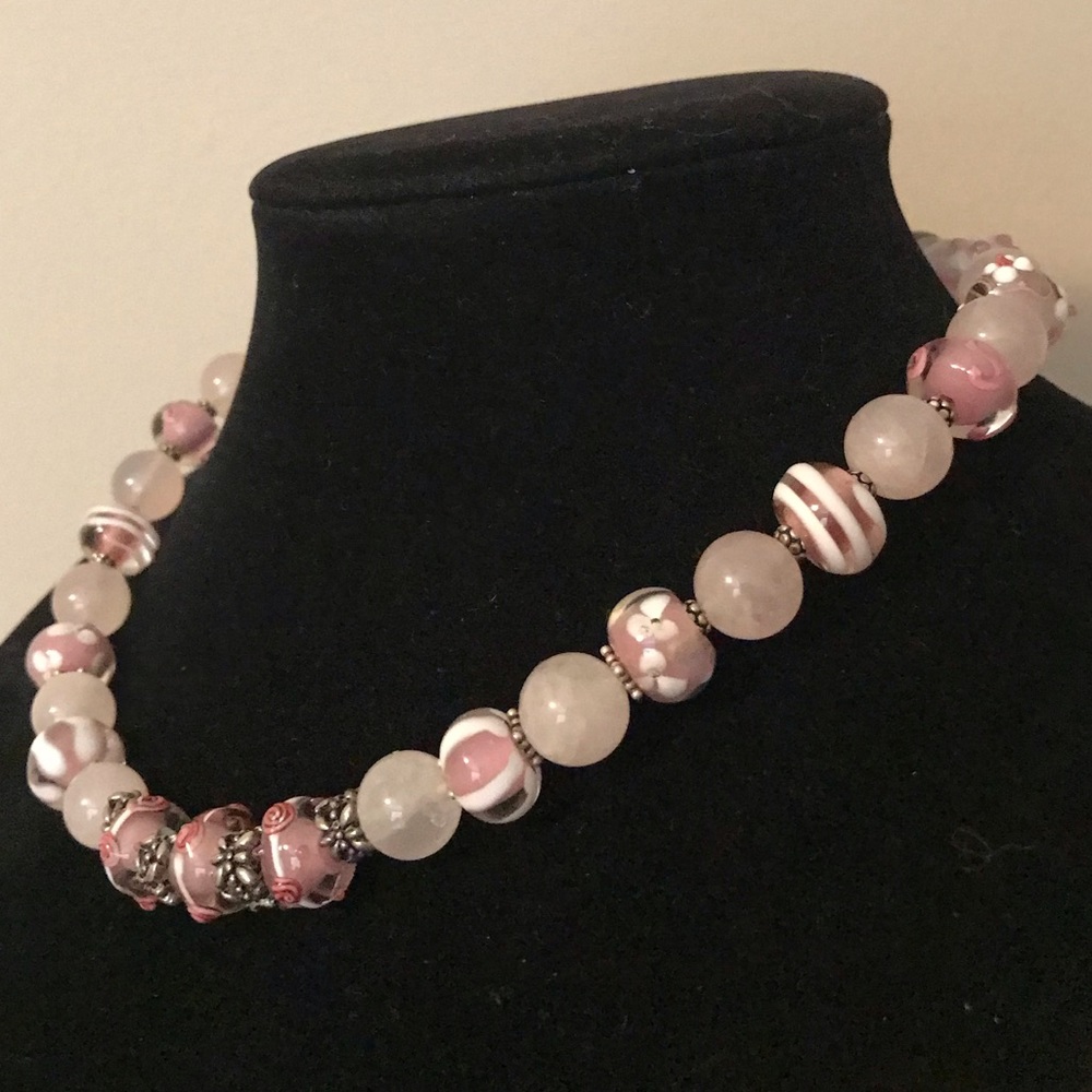Pink Lampwork Glass Beaded Toggle Necklace 17.5” L